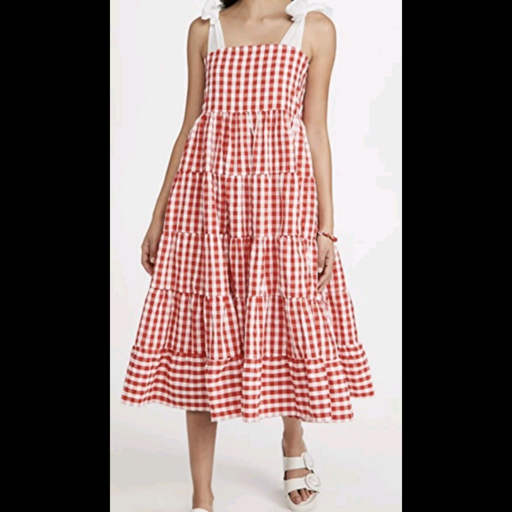 Sister Jane Dress Womens Medium Red Gingham Tiered Bow Tie Strap Midi Sundress